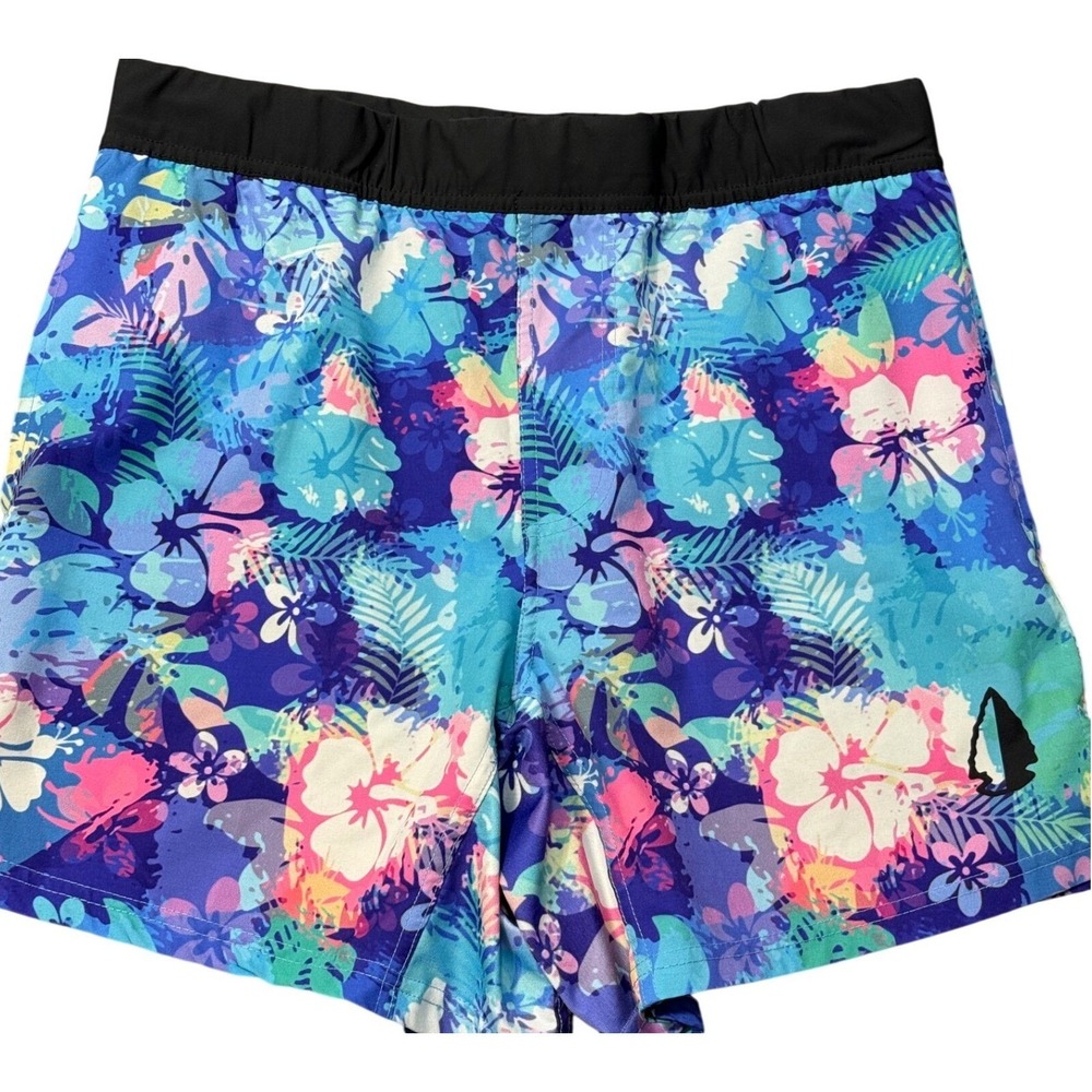Tachuntfish Shorts M Athletic Gym Blue Floral Pocket Drawstring Stretch Hawaiian